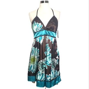 NWT BWear Halter Floral Print Dress Brown Turquoise Size 13 Juniors